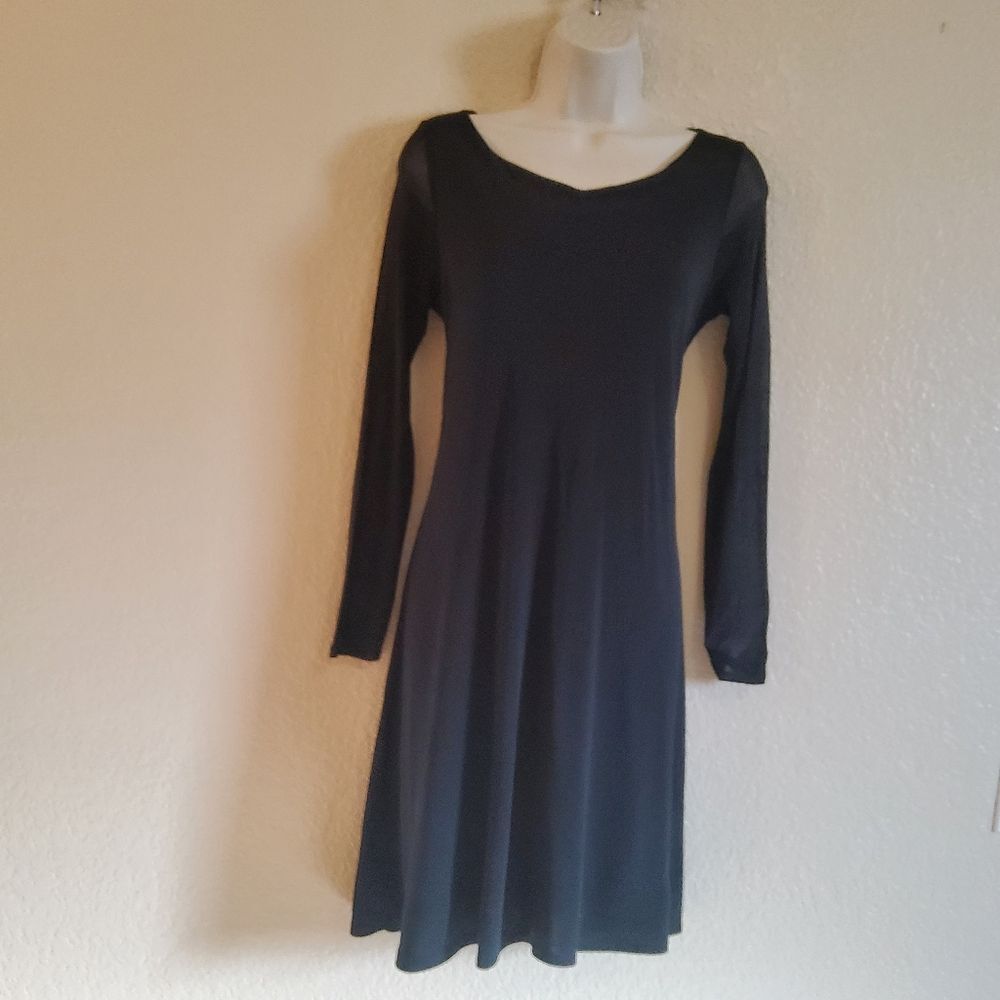 EILEEN FISHER Black Silk Shift Dress – Sheer Long Sleeve Size Petite PS